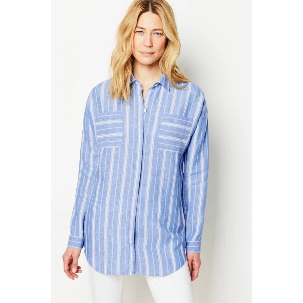 J. Jill 100% Love Linen Long Sleeve Button Down Shirt Womens Blue White Stripe L